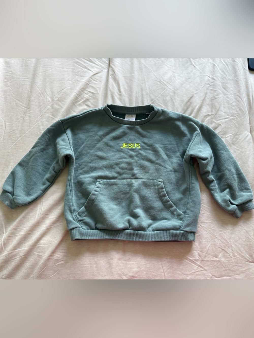 Zara Kids Green Crewneck Sweatshirt with Neon 'JESUS' Embroidery Size 4-5